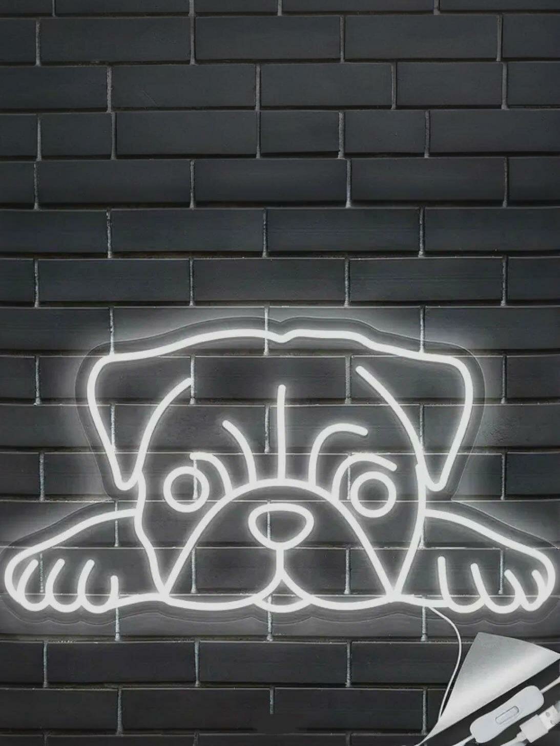 Неоновая вывеска, светильник декоративный Собачка Мопсик, 52х32 см.