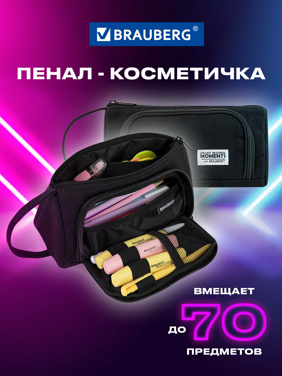 Пенал-косметичка Brauberg с ручкой 1 откидная планка полиэстер 22x10х8 см Black 272339