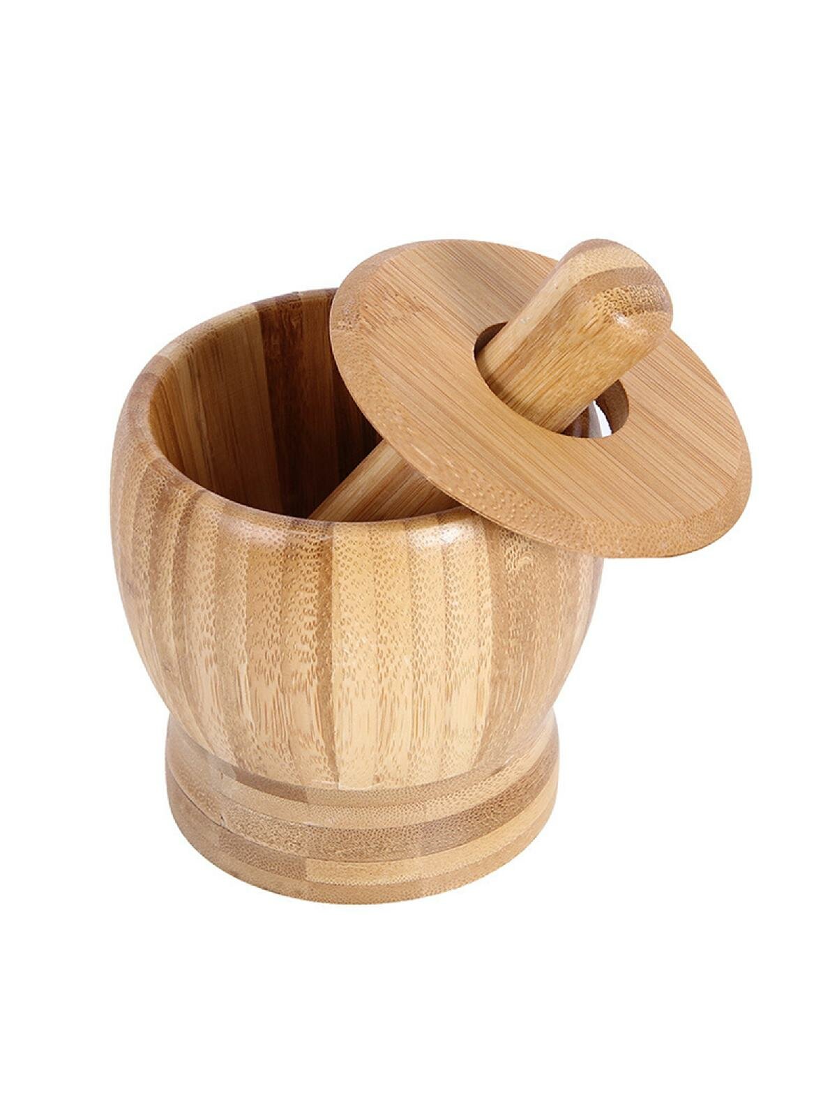 Natural Bamboo Garlic Crusher with Lid Garlic Spices Grinder Press Masher Mortars and Pestle Set Easy to Use & Clean
