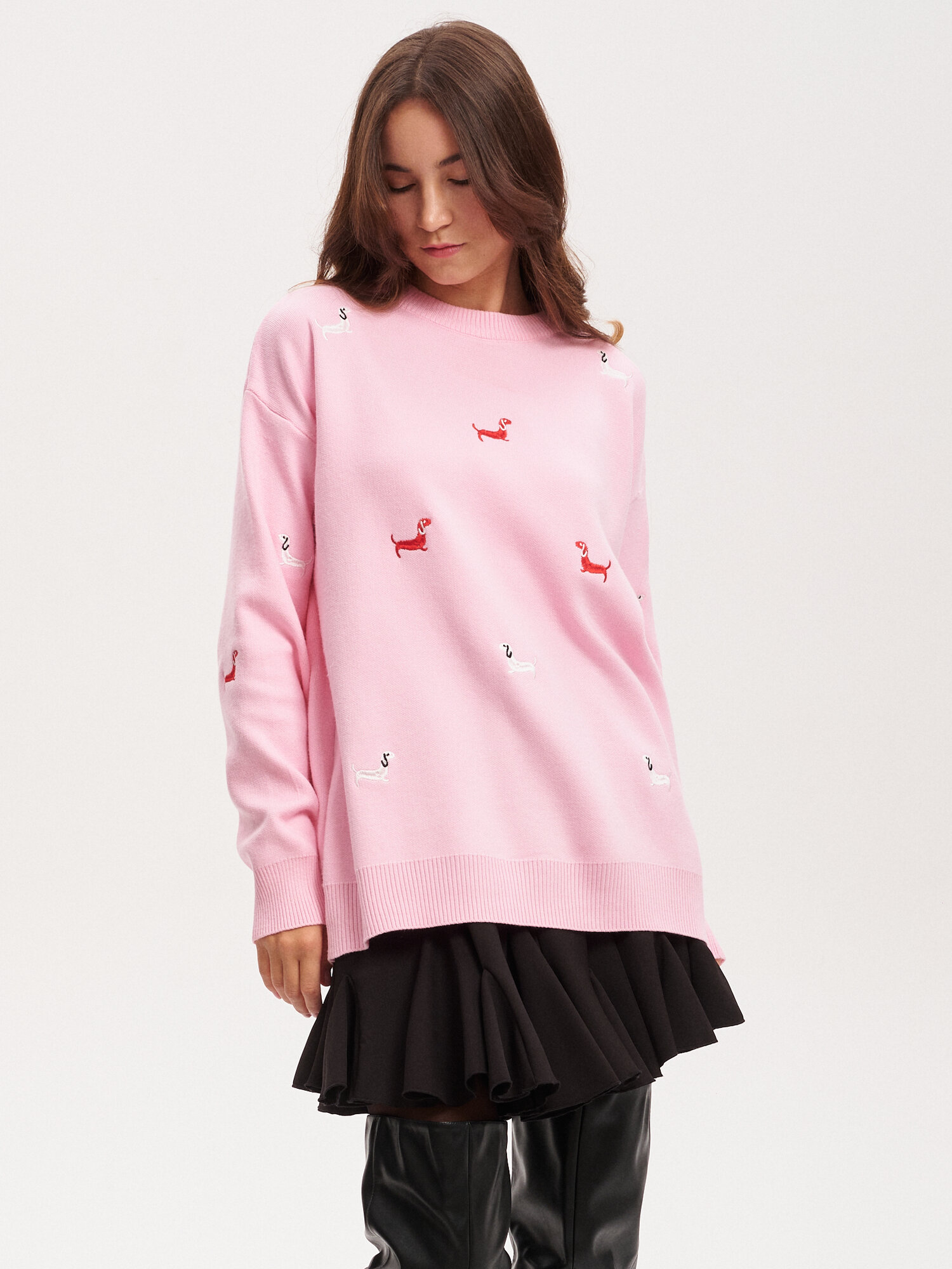 Джемпер  Джемпер "Собачки", розовый, розовый, с вышивкой такс, Oversize 40-50