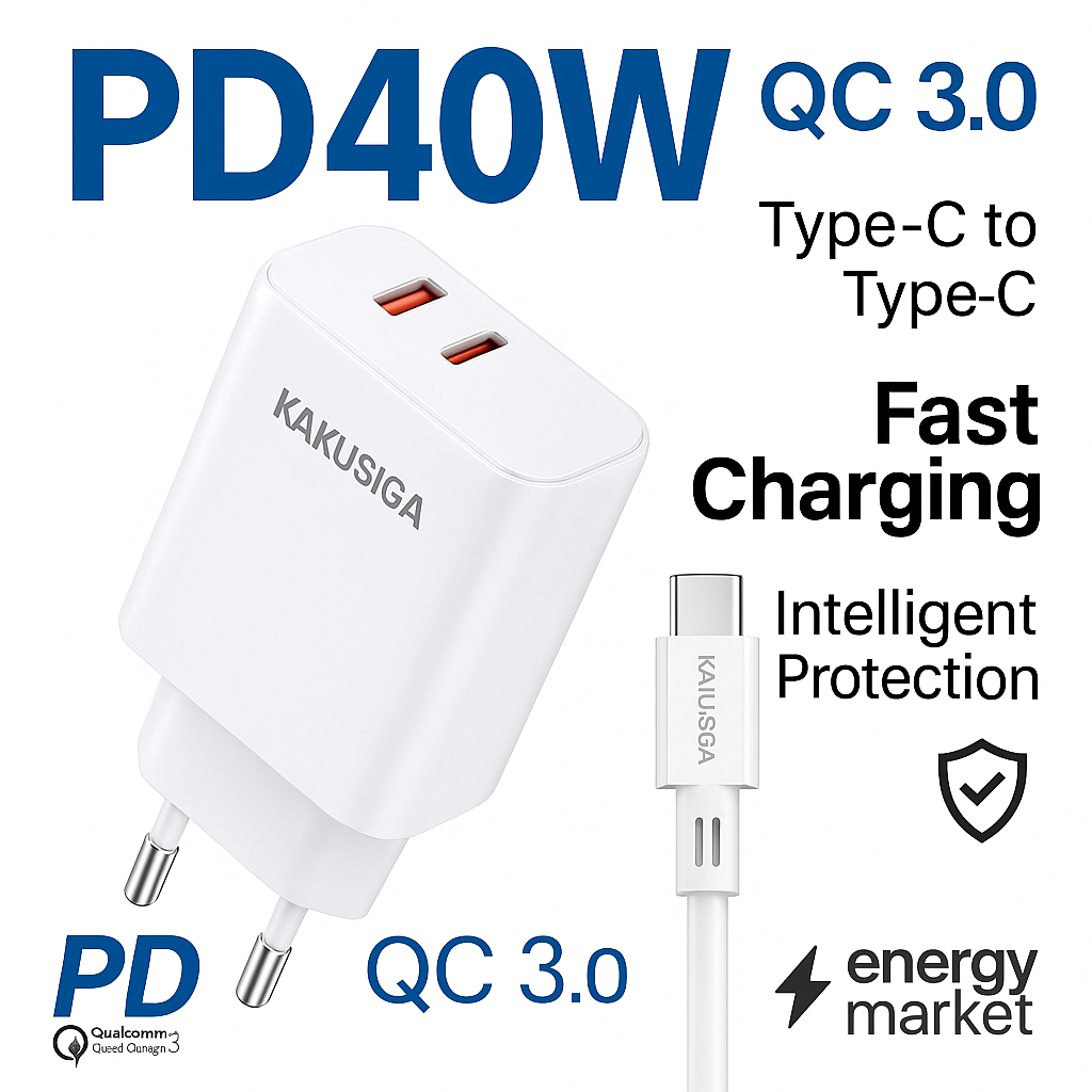 Комплект для быстрой зарядки KAKUSIGA PD40W | Кабель Type-C — Type-C (1 м) | PD + QC 3.0 | Вилка европейского стандарта