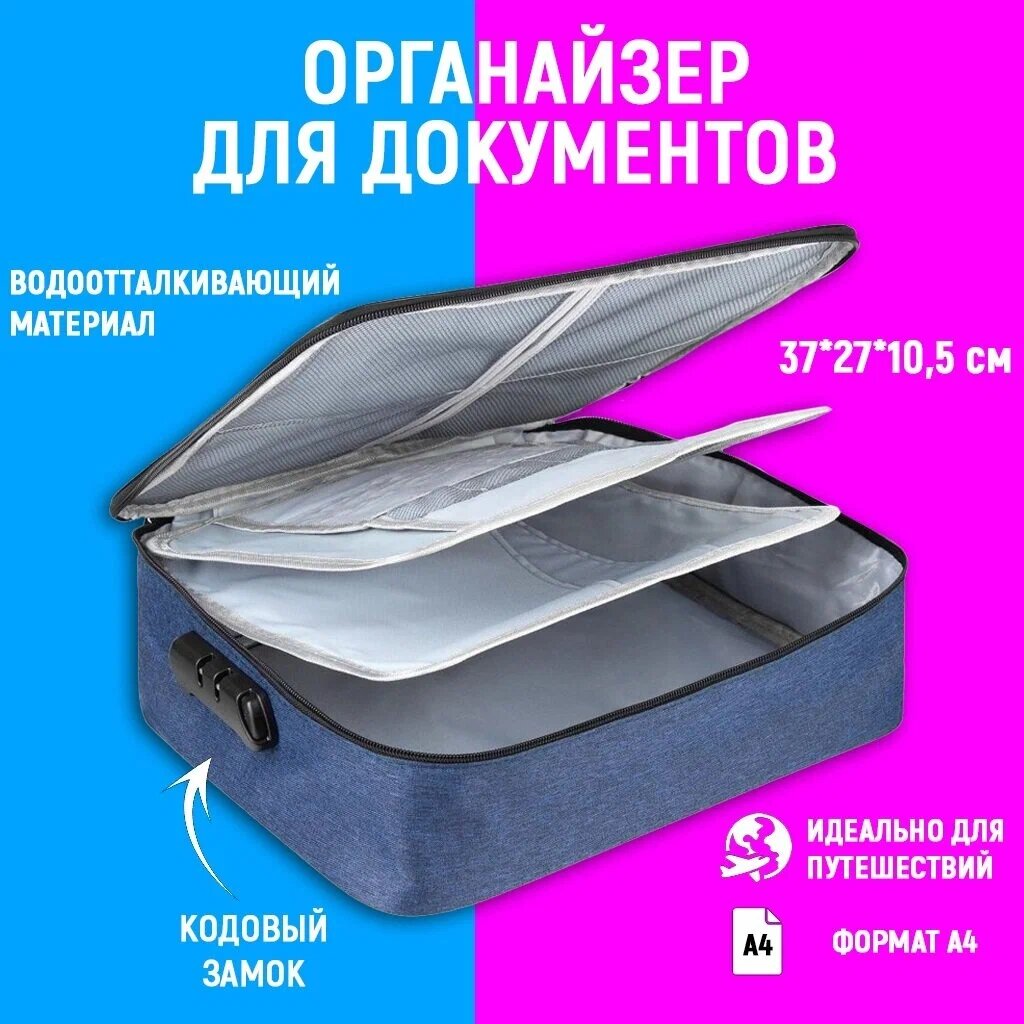 Сумка-органайзер для хранения документов с кодовым замком, синяя — фото 1