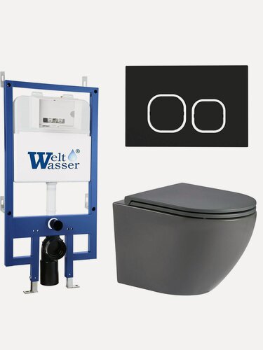 Изображение товара Комплект 6 в 1 WeltWasser: подвесной унитаз MERZBACH 043 MT-GR серый+кнопка смыва BAMBERG BL черный+инсталляция BAMBERG 545