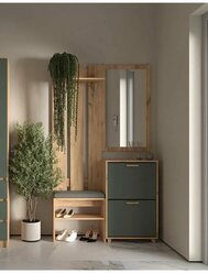 Прихожая комплект Ньерд с вешалкой, с обувницей, с зеркалом, с банкеткой, 120х30.4х210 см, Дуб Вотан / Можжевельник