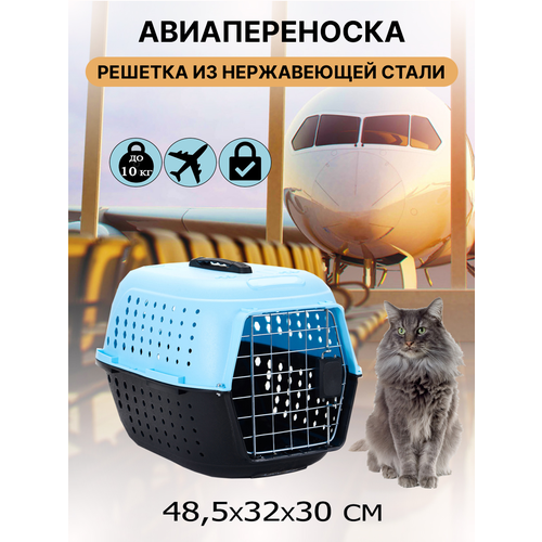 Пластиковая переноска для кошек и собак мелких пород "Чистый котик" 48*32*30 голубая