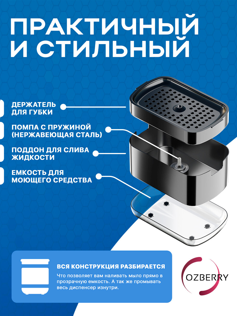 Диспенсер для моющего средства OZBERRY с губкой ABS пластик черный компактный для кухни — фото 1