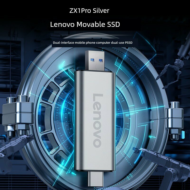 Lenovo 256GB портативный SSD Type-C USB 3.1, двойной интерфейс, металлический серебристый для мобильных и компьютеров