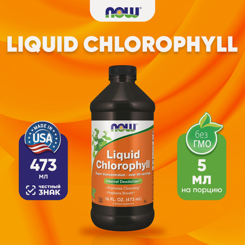 Изображение товара Now Liquid Chlorophyll 16 oz 473 ml mint Нау Жидкий Хлорофилл 473 мл 6 унций