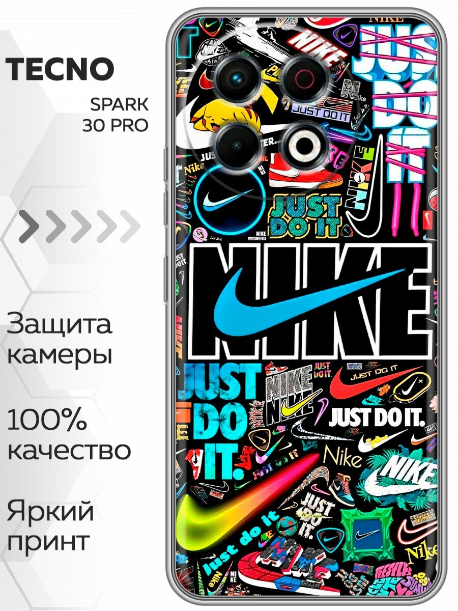 Чехол для Tecno Spark 30 Pro с принтом найк nike черный (Техно Спарк 30 Про)