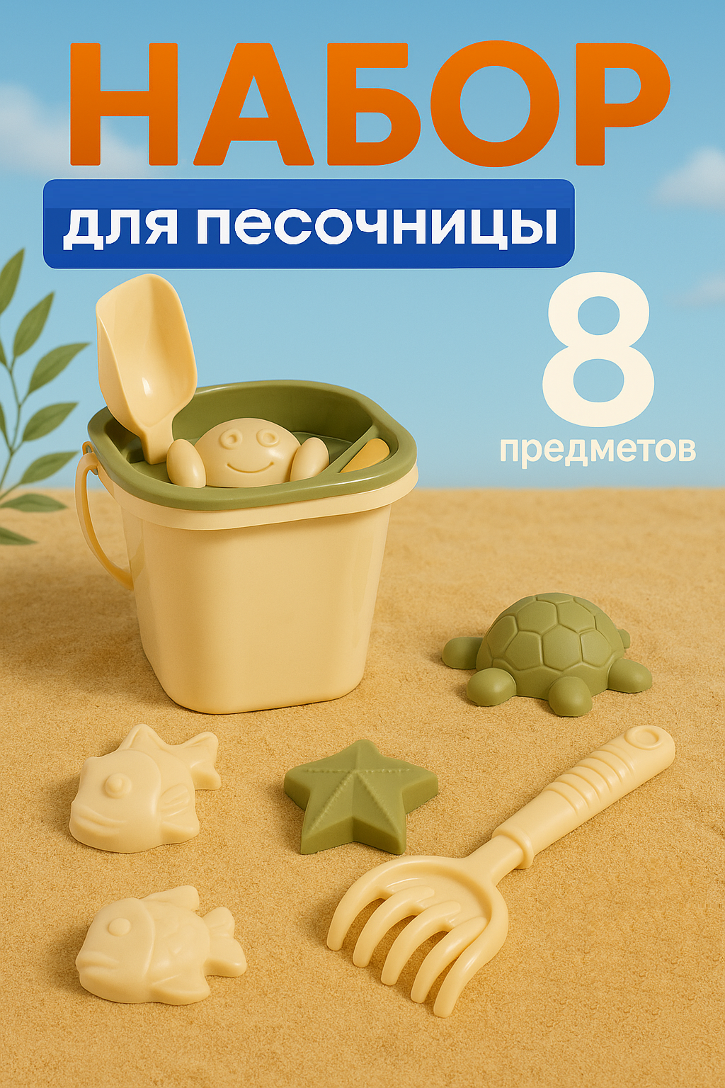 Набор для песочницы 8 предметов совочек грабельки сито ведерко 4 мягкие формочки Lalababy