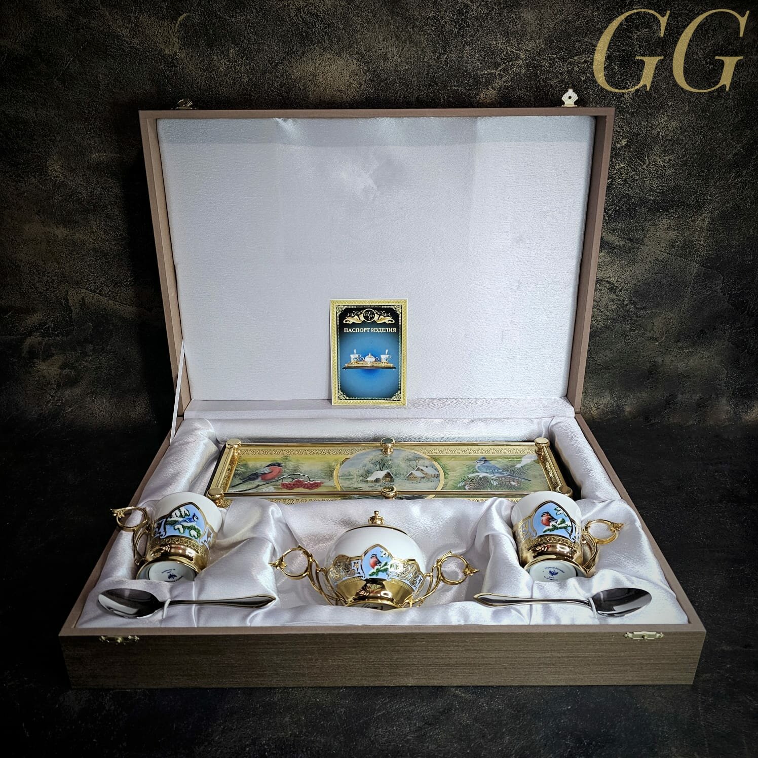 Набор чайный снегири на подставке с сахарницей. Златоуст