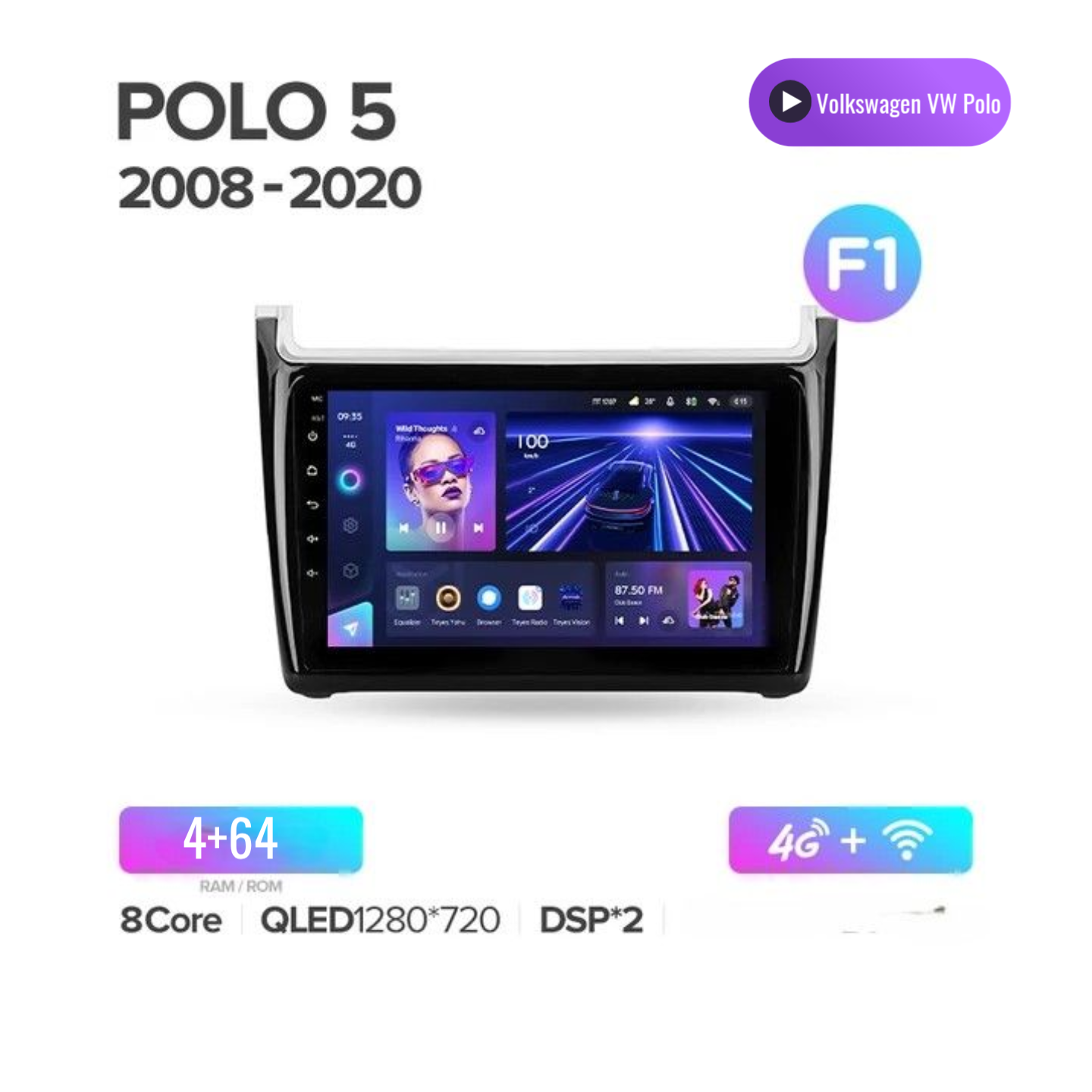Магнитола 2-Din Android для Volkswagen Polo 2009-2020/Android,8 ядер 9дюймов/4+64G/Wi-Fi/CarPlay+рамка и камера в подарок