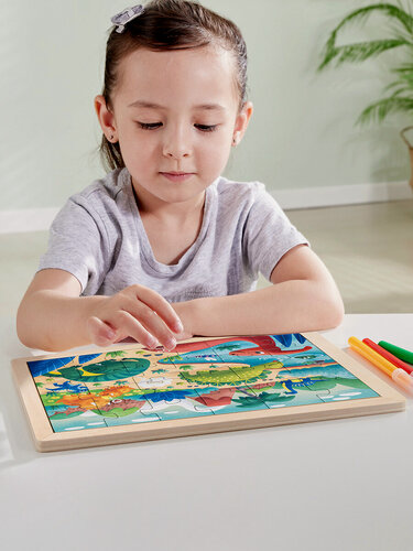 Изображение товара Пазл для детей Hape "Динозавры" 2в1 (пазл и раскраска в рамке) E1641_HP