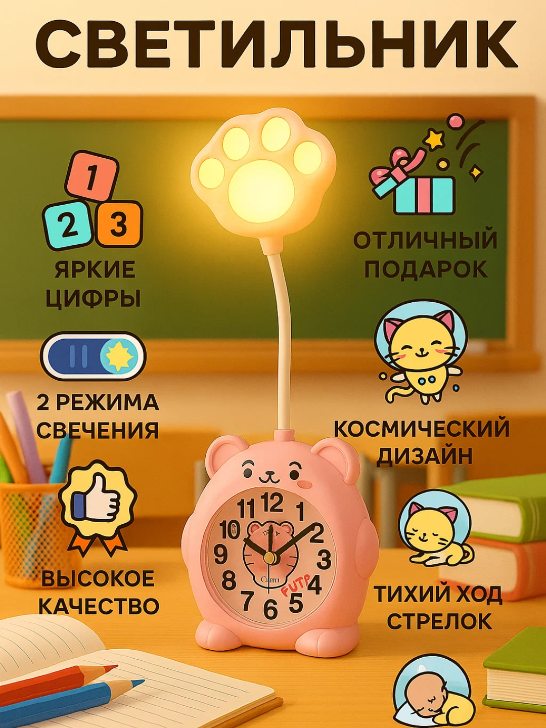 Замечательные настольные часы-лампа на батарейках и будильник для детской комнаты. Яркие цифры, 2 режима освещения, качественный материал и космический дизайн. Отличный подарок.
