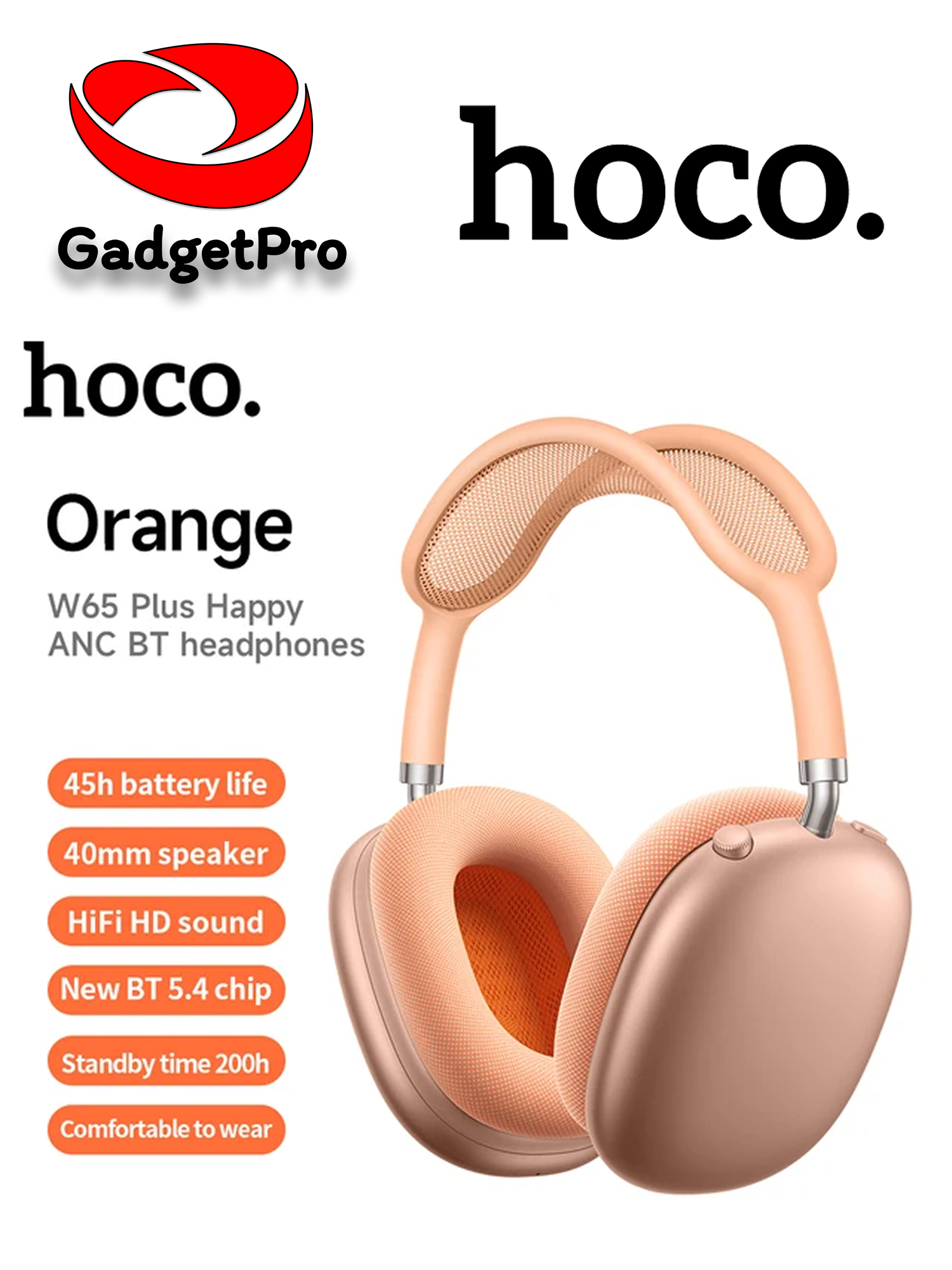 Наушники Hoco W65 Plus Happy ANC BT с активным шумоподавлением, 45 ч, Bluetooth 5.4 Оранжевый
