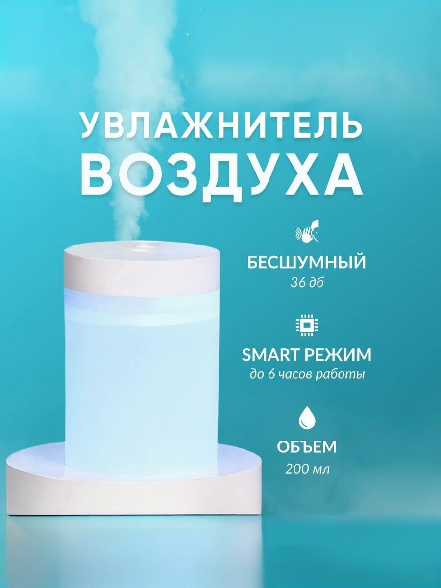 Увлажнитель воздуха ультразвуковой портативный с подсветкой для использования дома, в офисе. Аромадиффузор ультразвуковой с питанием от USB. Ночник портативный, настольный.