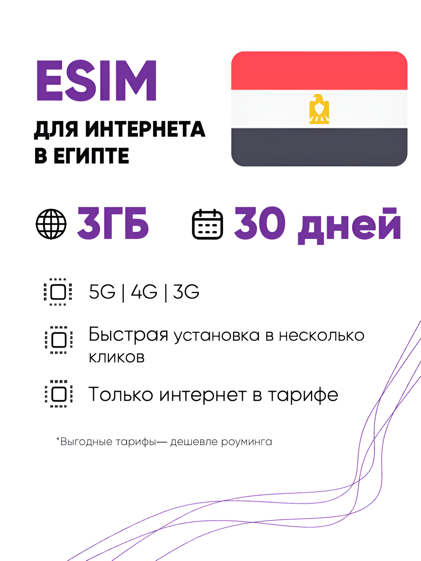 ESIM для интернета в Египте 3 ГБ на 30 дней. Виртуальная сим-карта для Египта