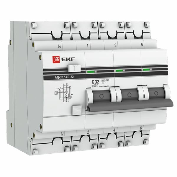Дифавтомат АД-32 3P+N 32А/30мА (C AC электронный защита 270В) 45кА EKF PROxima