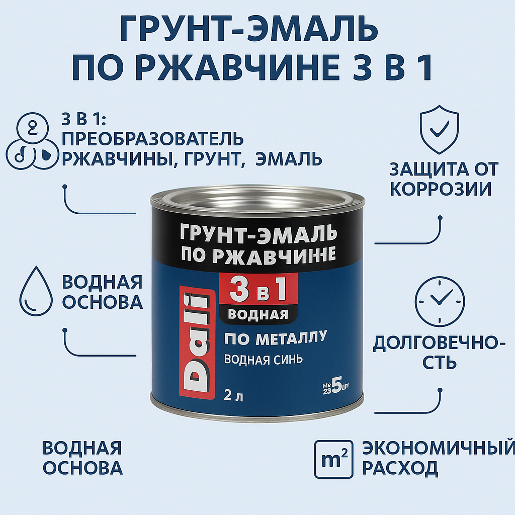 Грунт-эмаль по ржавчине 3 в 1 водная синь 2л DALI Дали по металлу водная синь