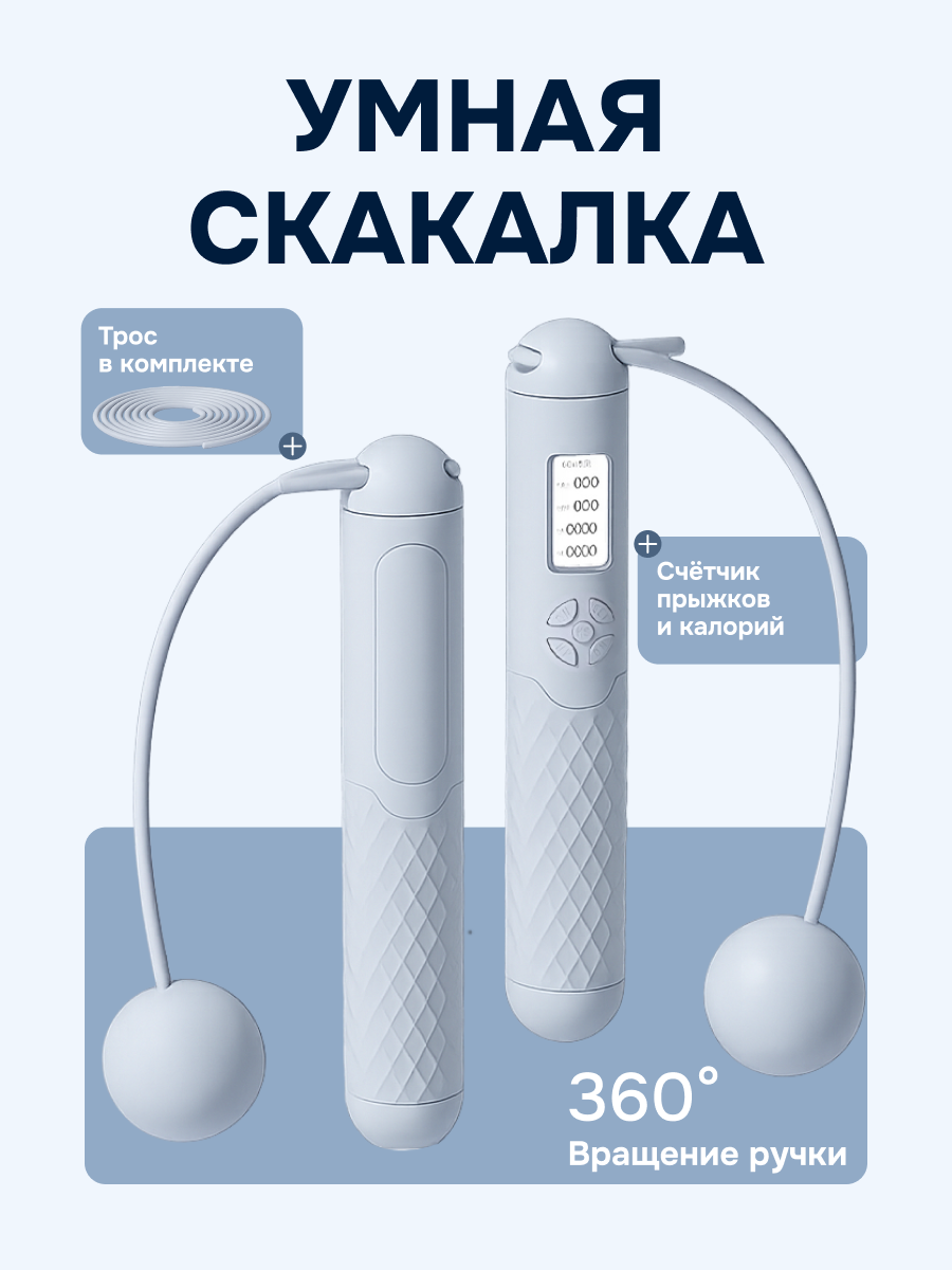 Умная скакалка голубая, со счетчиком прыжков, калорий, с утяжелителями