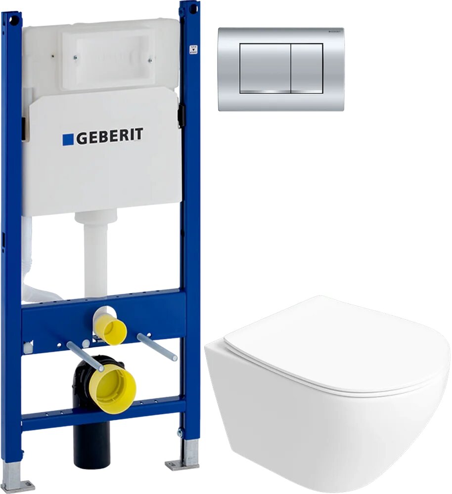 Комплект 5 в 1: Инсталляция Geberit Duofix Delta 458.163.21.1 / Унитаз подвесной Кронборг S28401WH безободковый / Сиденье с микролифтом Кнопка хром Крепления