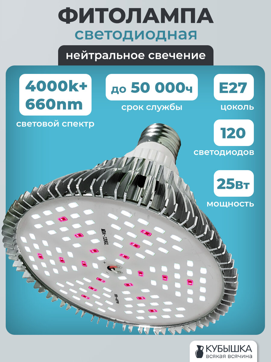 Фитолампа E27 светодиодная 25 Вт сетовой спектр 4000k+660nm универсальная