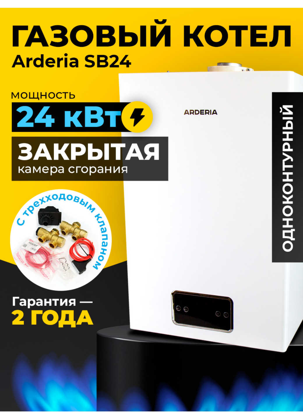Газовый котел настенный Arderia SB24 с закрытой камерой сгорания 24 кВт одноконтурный с трехходовым клапаном