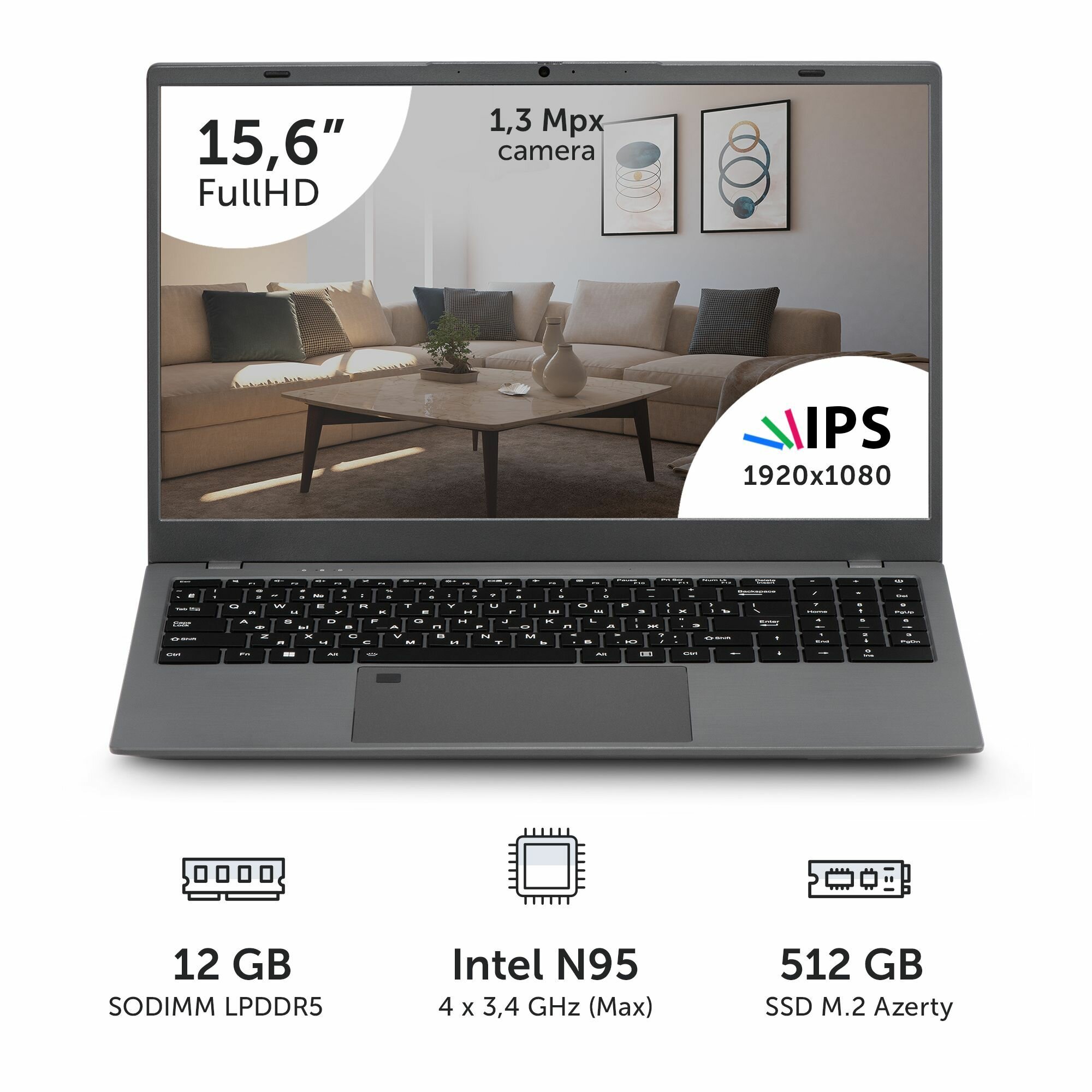 Ноутбук Azerty AZ-1526 (15.6" IPS 1920x1080, Intel N95 4x1.7Ghz, 12Gb LPDDR5, 512Gb SSD)