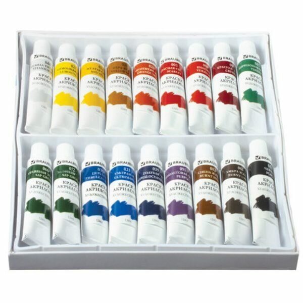 Акрил набор BRAUBERG "ART DEBUT" 18 цветов 12мл, в тубах, глянцевый финиш — фото 1