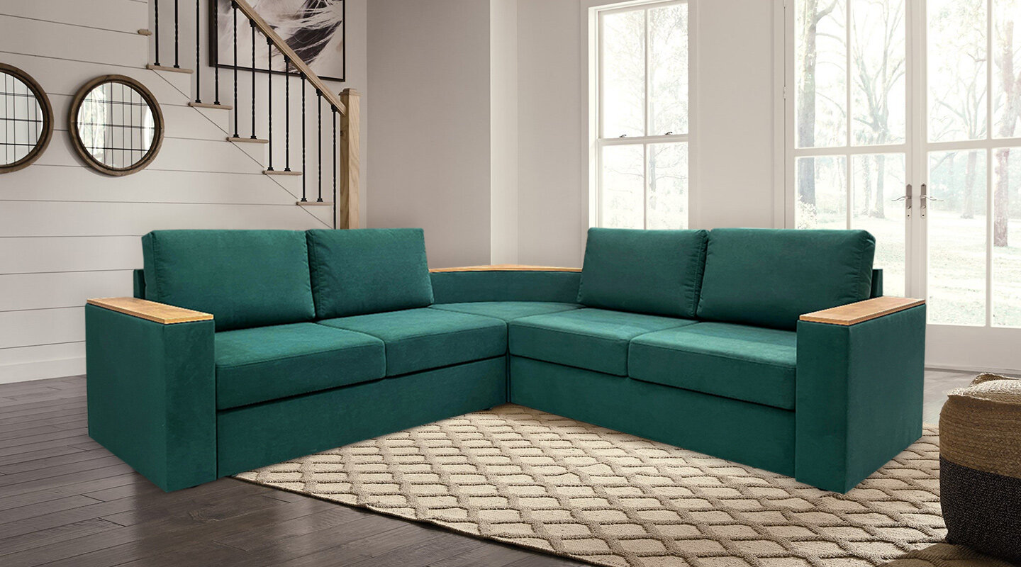 Угловой диван Фоборг с полкой и ящиком для хранения 237х237х86 см, бирюзовый велюр