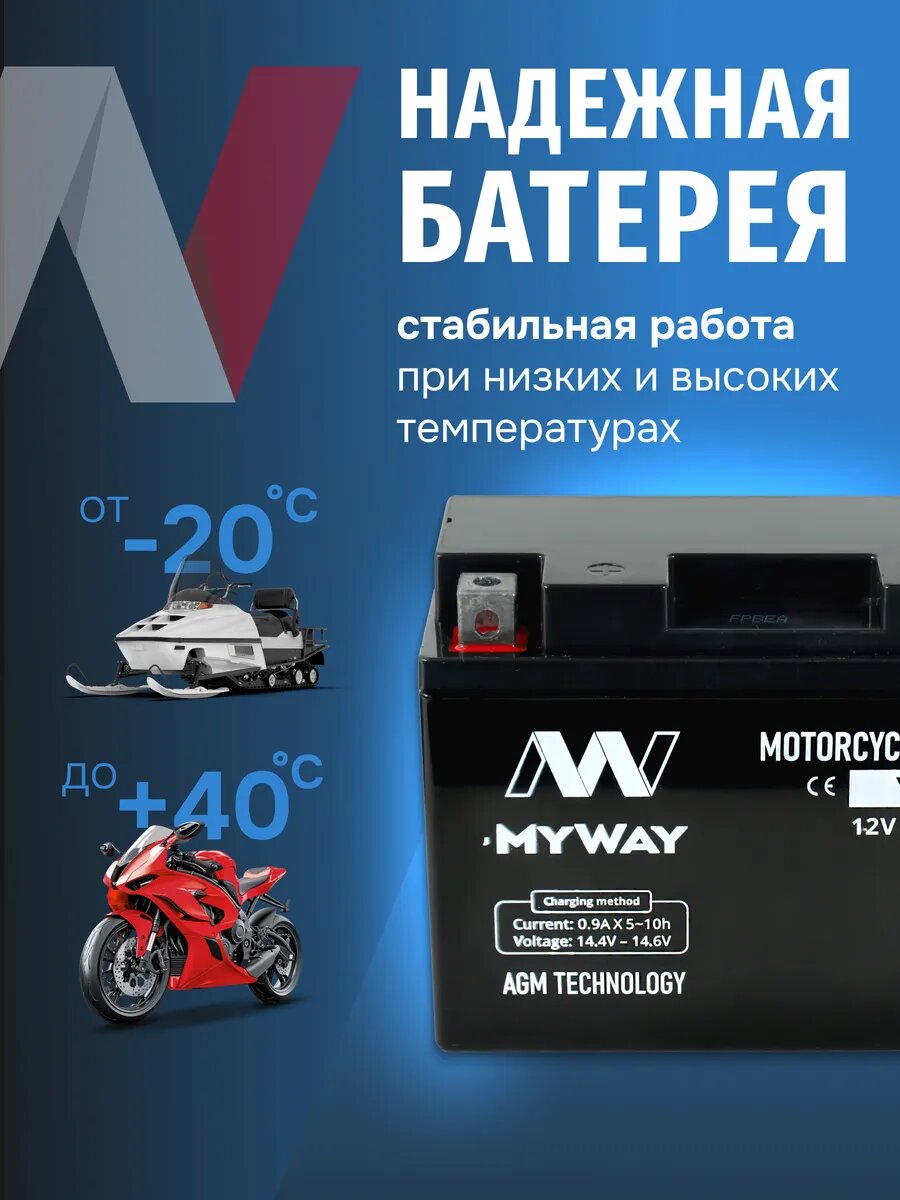 Аккумулятор для мототехники 12в 9ач на мотоцикл, мопед AGM — фото 1