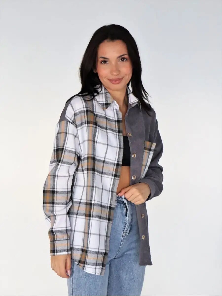 Рубашка Lady Gina вельветовая в клетку оверсайз, размер 54-56, черный, белый, коричневый, серый — фото 1