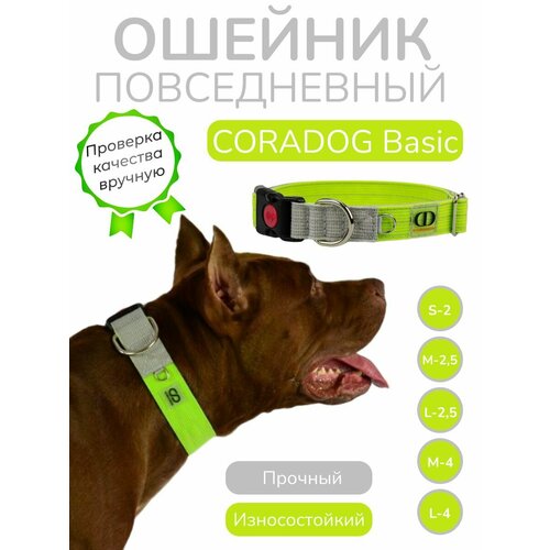 Ошейник широкий повседневный, CORADOG Basic, для средних и крупных собак, салатовый, серый, размер M-4 38-54 см