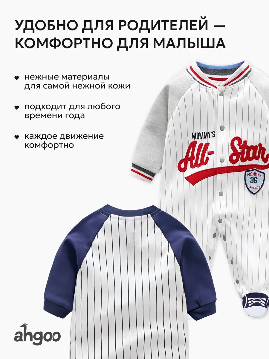 Комбинезон Ahgoo Базовая коллекция, закрытая стопа, комплект из 2 шт., размер 80, синий, белый, серый — фото 1