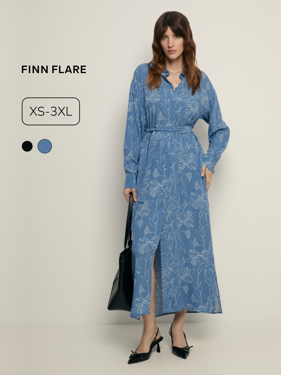 Платье FINN FLARE миди с длинным рукавом, размер M(170-92-98), серо-голубой