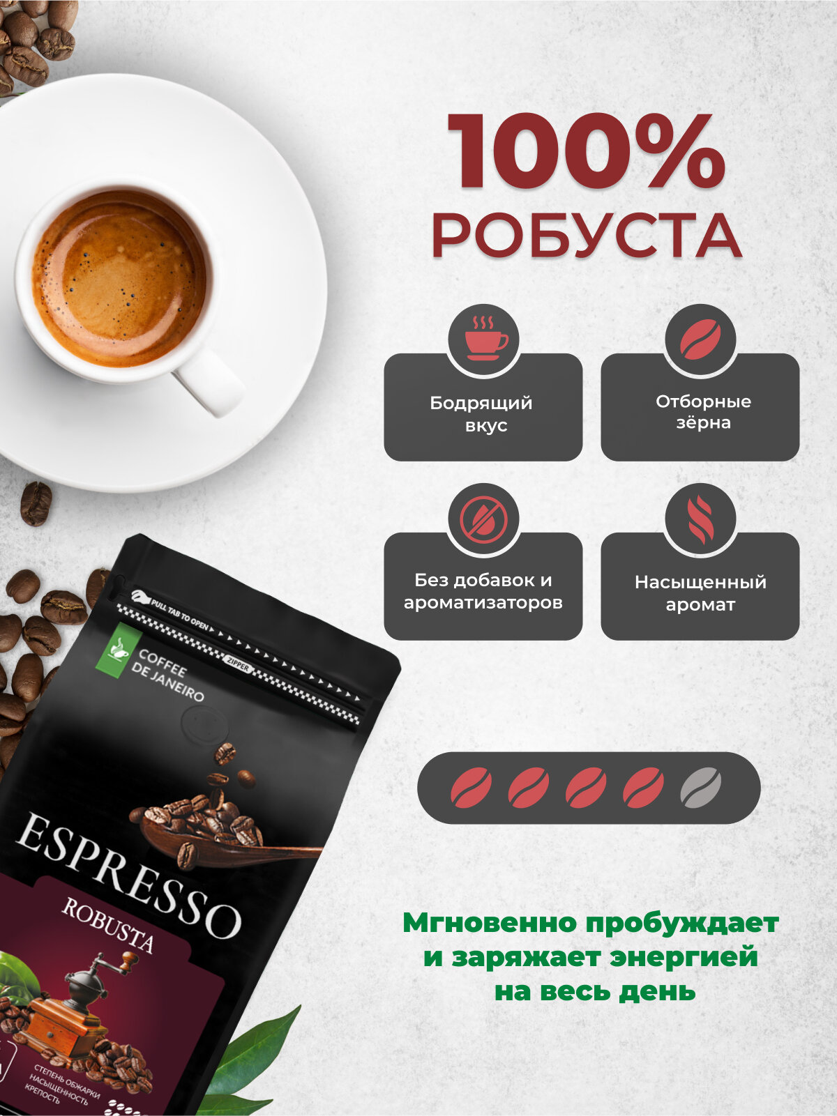 Кофе в зернах 1 кг ROBUSTA 100% Робуста, свежеобжаренный зерновой кофе DE JANEIRO — фото 1