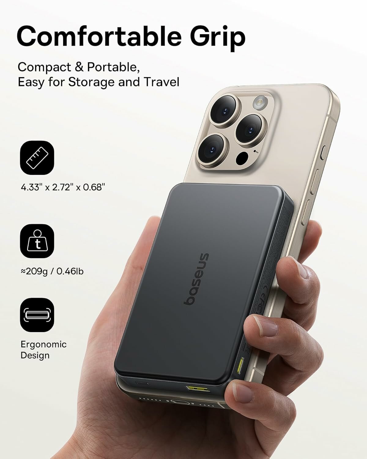 Повербанк Baseus 10000 мАч, Qi2 магнитная беспроводная зарядка, 22 Вт, USB-C, черный
