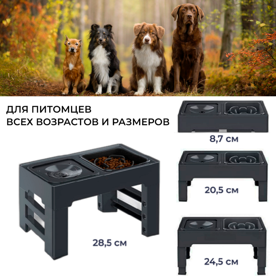 Картинки Миска для медленного поедания корма для собак на подставке с регулировкой по высоте двойная 2-в-1, 4 положения