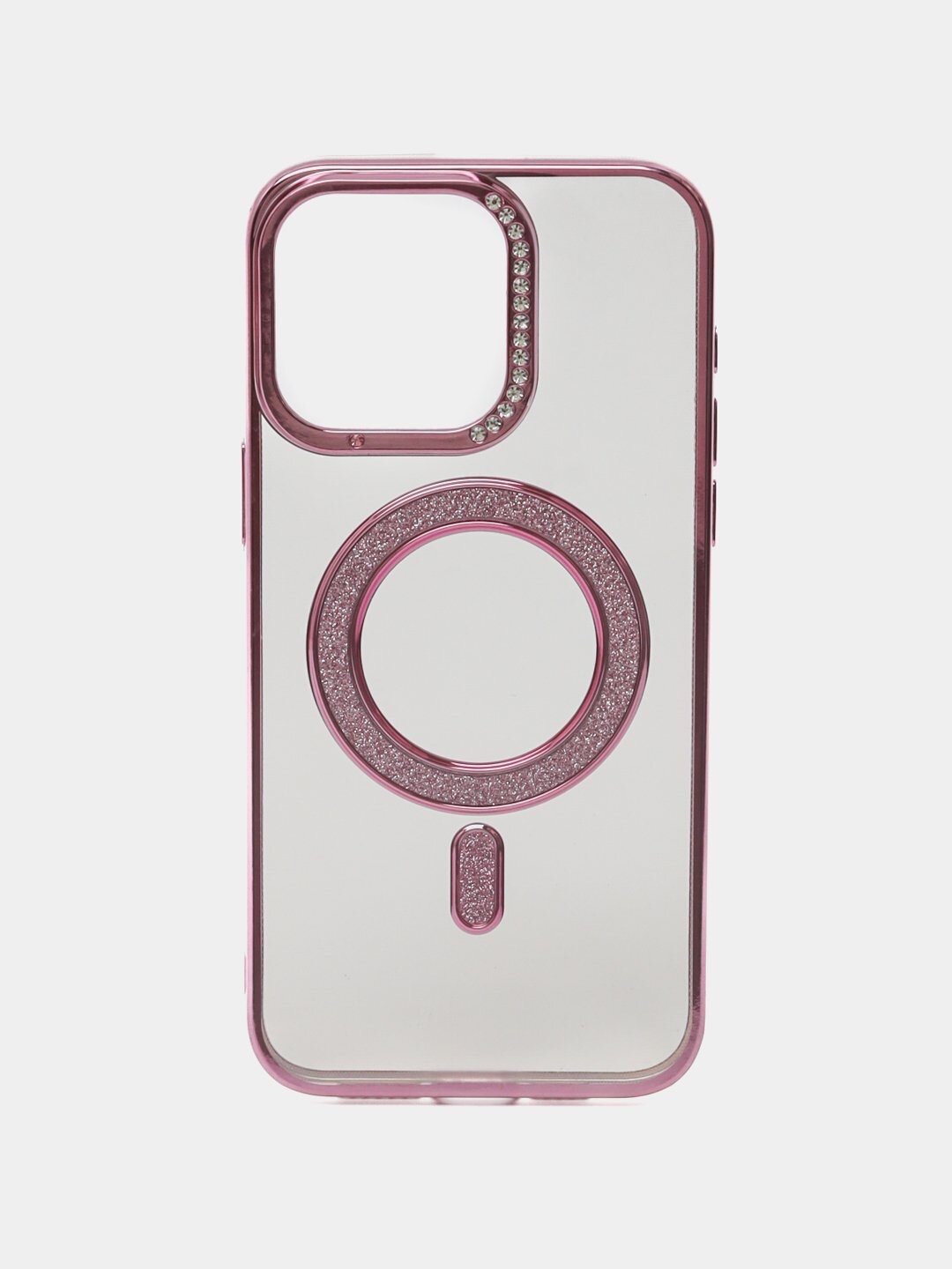 Чехол для iPhone 12 Pro Max, Magsafe, полупрозрачный, розовый , глянцевый, c цветными блестящими камнями — фото 1