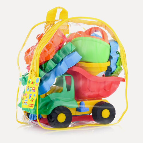 Изображение товара Песочный набор Полесье "Муравей" в рюкзаке, машина-самосвал, формочки, ведерко, совок, грабли, лейка. 3+