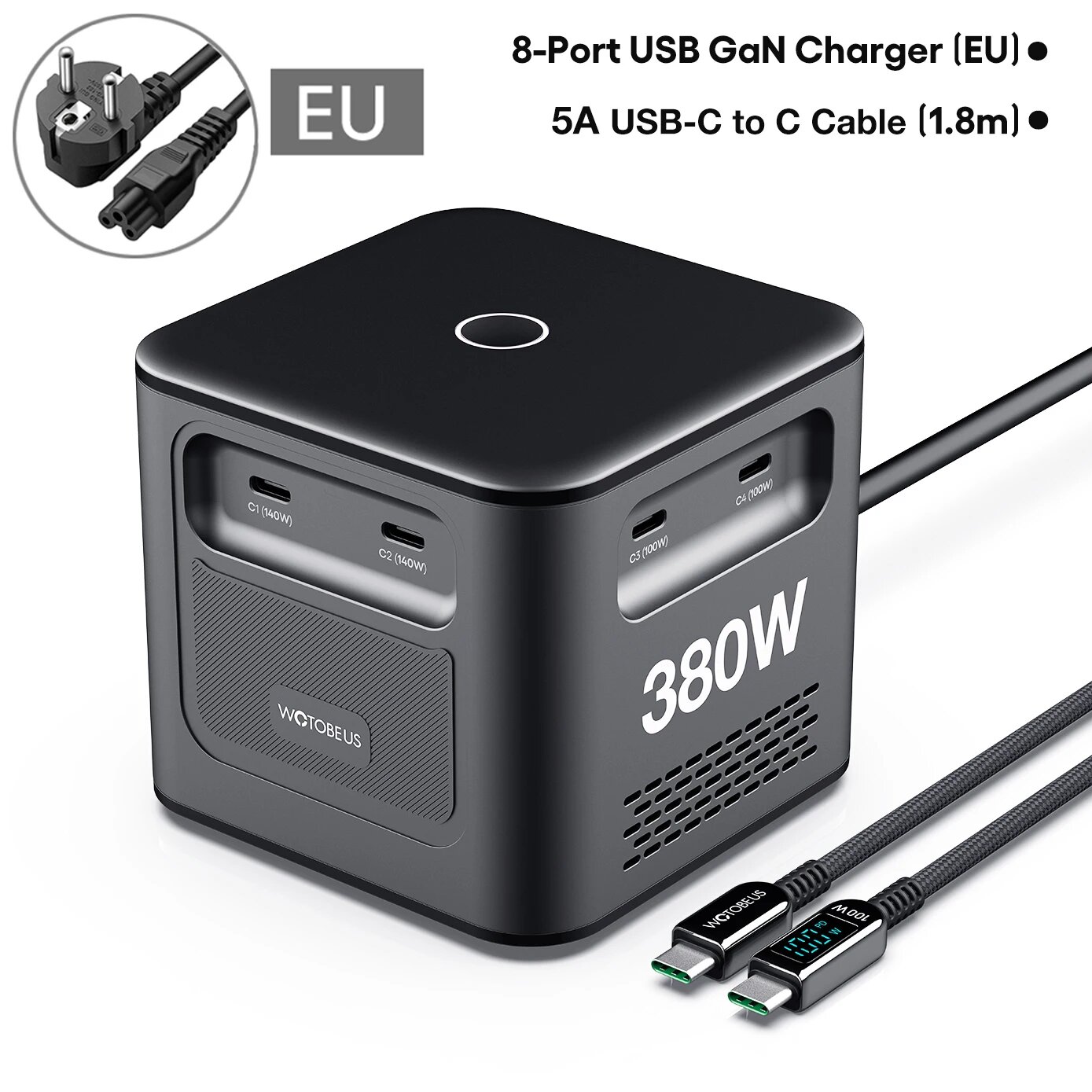 Быстрое зарядное устройство GaN 3 Pro, 380 Вт, 8 портов WOTOBE PD3.1 140 Вт PD100W PPS 65 Вт 45 Вт 22,5 Вт QC5 для iPhone 15 MacBook Pro 16Galay S24, EU 380W and 5A Cable