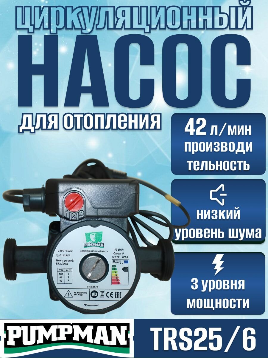 Насос циркуляционный Pumman TRS25/6, чугунный, черный, 100Вт