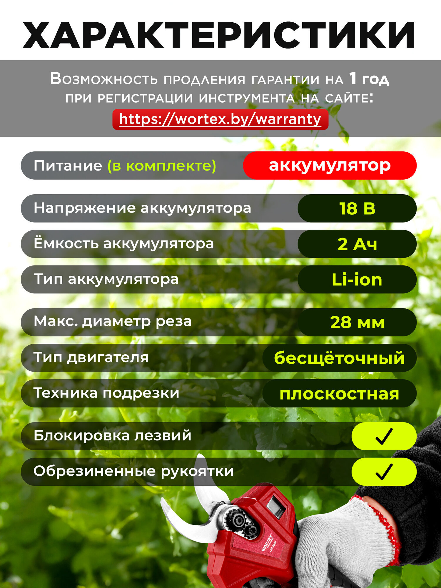Секатор садовый аккумуляторный WORTEX CBS 2030 ALL1 SET 1329798 с кейсом и зарядным устройством, для обрезки деревьев — фото 1