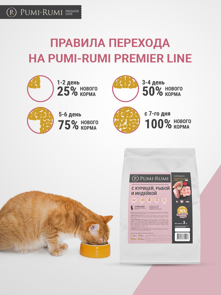 Корм сухой полнорационный PUMI-RUMI PREMIER LINE для стерилизованных кошек и котов с курицей, рыбой и индейкой 3кг, суперпремиум. — фото 1
