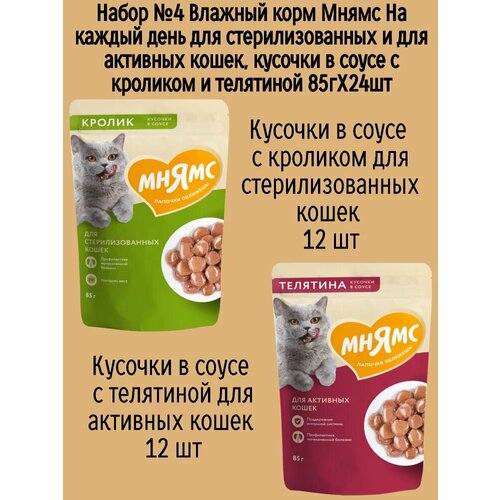 Набор №4 Влажный корм Мнямс для стерилизованных кошек, кусочки в соусе с кроликом и телятиной, 24 шт х 85 гр