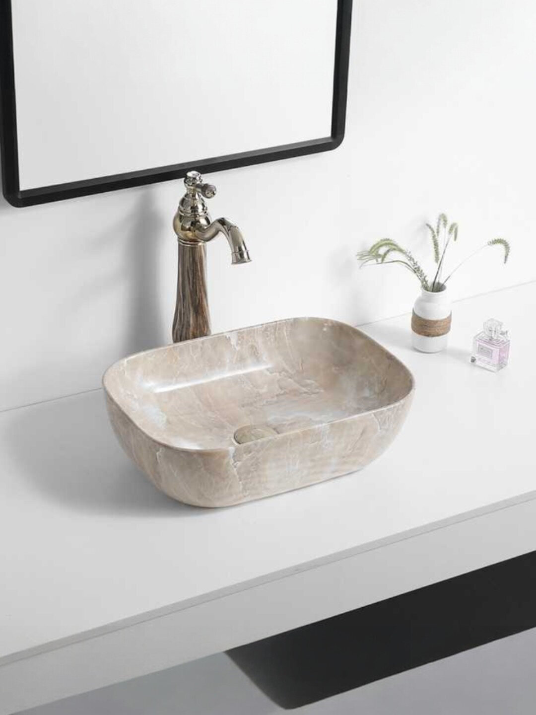 Раковина накладная OSSO-493-CREAM MARBLE, круглая, мраморная, бежевая