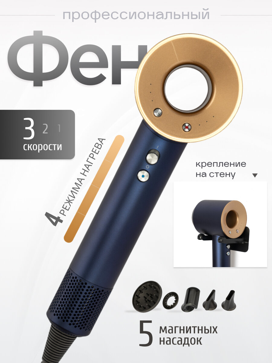 Фен для волос SenCiciMen Super Hair Dryer профессиональный, 1600Вт, 4 температурных режима, синий с золотым — фото 1