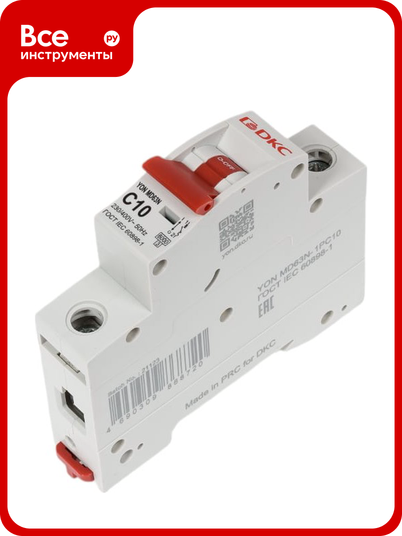 Автоматический модульный выключатель DKC YON max типа MD63N 6кА 1 полюс характеристика C 10А 1 ШТ MD63N 1PC10 MD63N-1PC10
