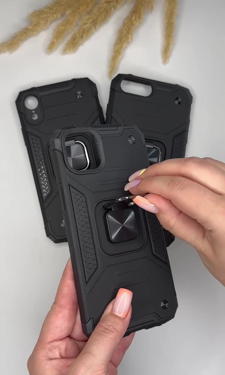 Противоударный чехол для iPhone XS Max черный с пластиной для магнитного автодержателя и кольцом подставкой — фото 1