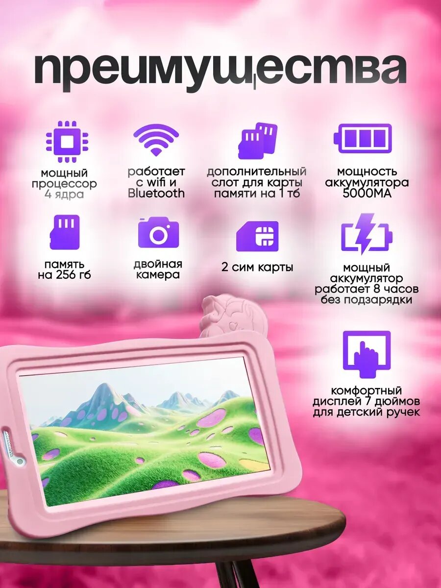 Детский планшет, Android, 1 ГБ, 256ГБ, IPS, TrueTone Eye Protection Screen, чехол, 7", 8 часов работы — фото 1